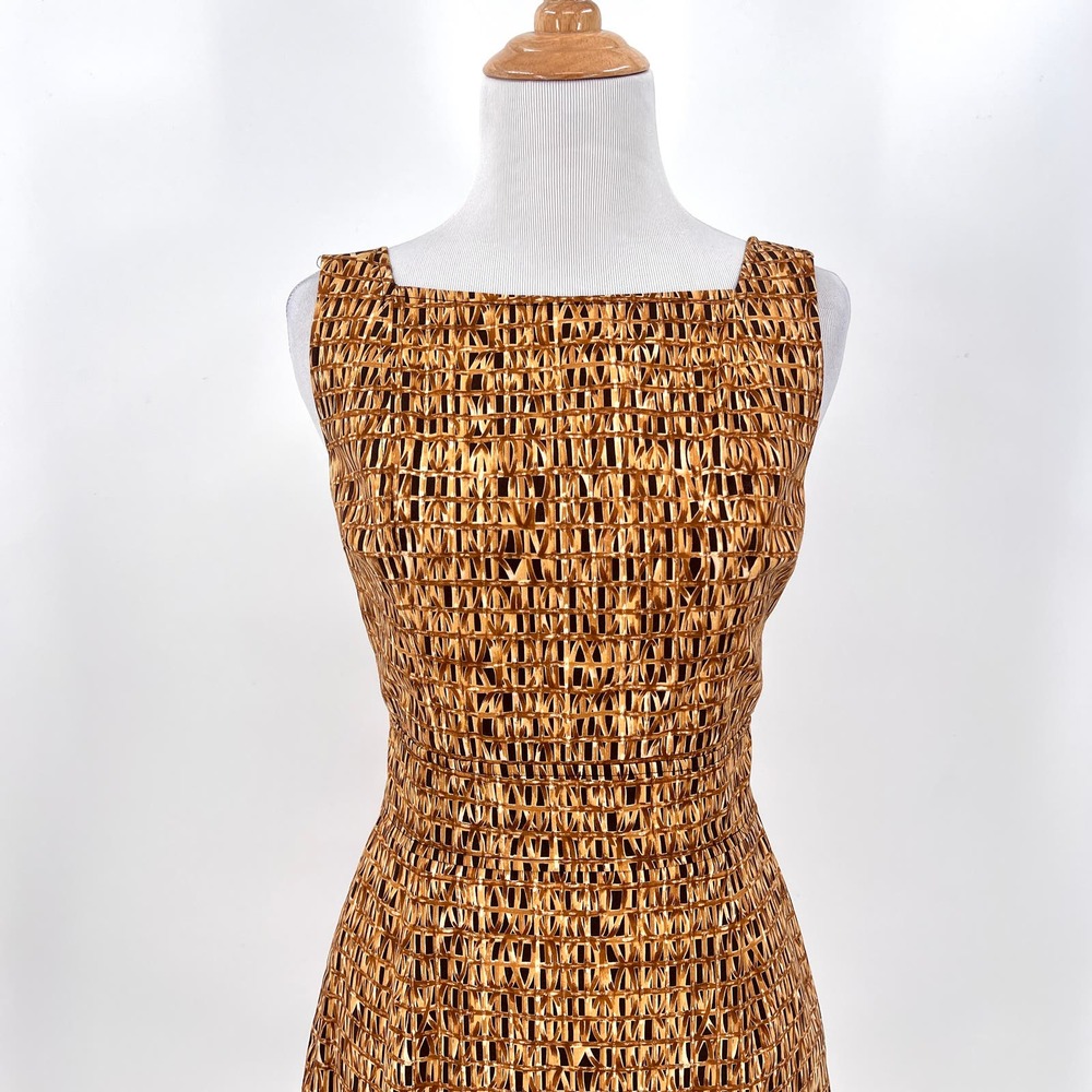 CHETTA B Vintage Dress Womens 4 Tan Brown Cotton Square Neck Sleeveless Sheath - Picture 3 of 16